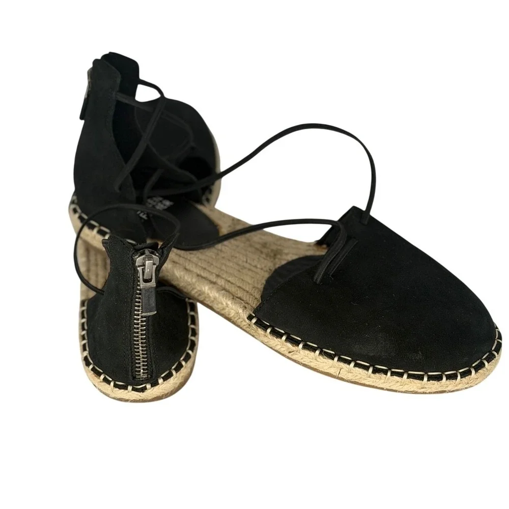 Eileen Fisher Black‎ Suede Lace Up Luxury Espadrille Flats Back Zip Sandals 7.5